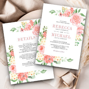 Convites Rosas Florais Cor-de-Rosa Tímido Tudo em Uma Noiva