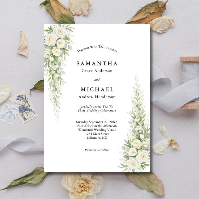 Convites Rosas Florais Creme Branco Casamento Moderno Elega (White Cream Watercolor Roses Greenery Modern Classic Wedding Invitation)