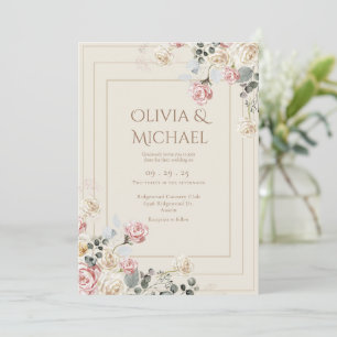 Convites Rosas Florais Cremosas de Rosa Elegante Casamento
