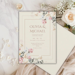 Convites Rosas Florais Cremosas de Rosa Elegante Casamento