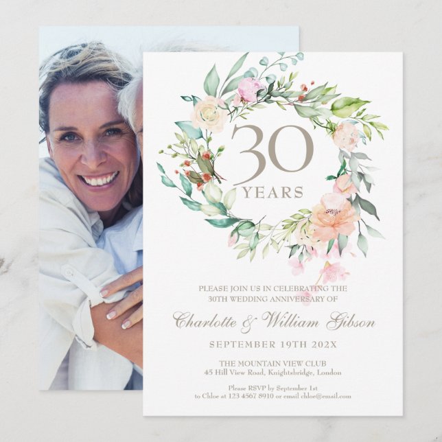 Convites Rosas Florais de Aniversário de Casamento de Pérol (Frente/Verso)