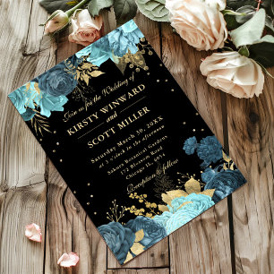 Convites Rosas Florais de Casamento Turquesa e Dourado