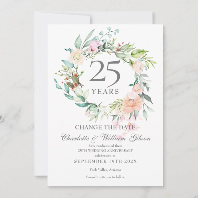 Convites Rosas Florais de Mudança de Data do 25º Aniversári (Frente)