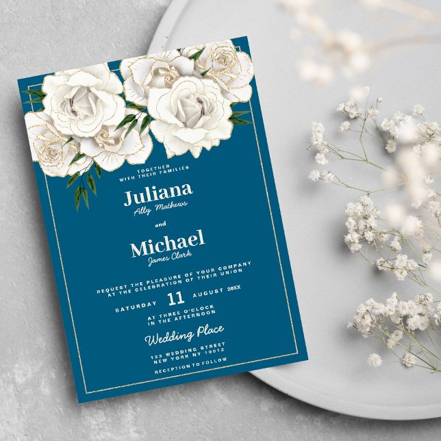 Convites Rosas florais  de ouro branco azuis (Sea blue white gold glitter roses floral Wedding )