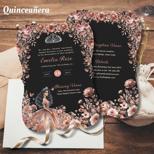 Convites Rosas Florais de Vestido de Quinceanera rosa Doura (Criador carregado)