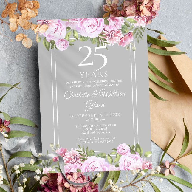 Convites Rosas Florais do 25º Aniversário de Bodas de Prata (25th Silver Wedding Anniversary Roses Floral Invitation)