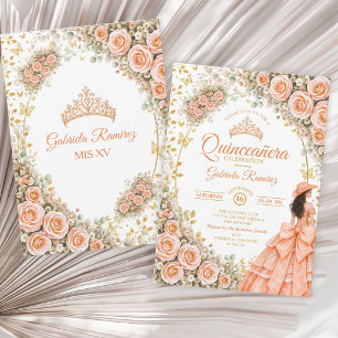 Convites Rosas Florais Douradas de Pêssego Quinceañera Ocid