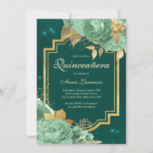 Convites Rosas Florais Elegantes Verde Sage Dourado Quincea