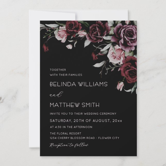 Convites Rosas Florais Góticas | Casamento (Frente)