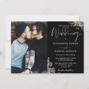 Convites Rosas Florais Góticas Preto e Branco Foto Casament