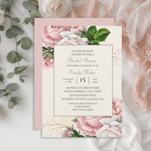 Convites Rosas Florais Rosa Bege Banho de Noiva (Blush pink vintage floral bridal shower invitation)