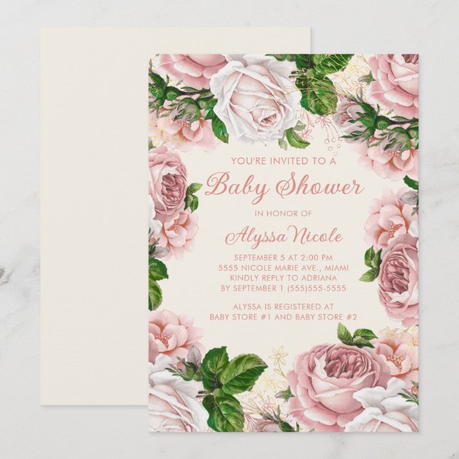 Convites Rosas Florais Rosa Corado Bebê Menina Chá de Bebê (Frente/Verso)