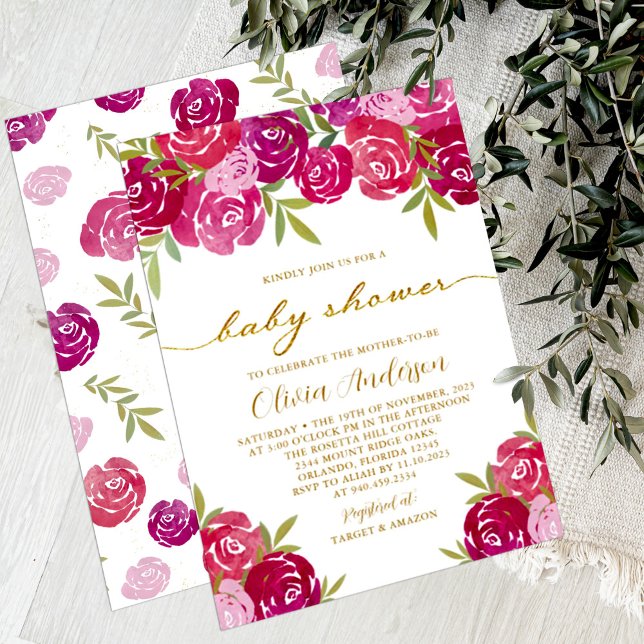 Convites Rosas Florais Rosa e Roxo Chá de Menina (Criador carregado)