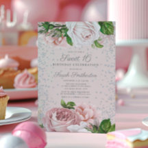 Rosas Florais Rosa Glitter Prateado Doce 16