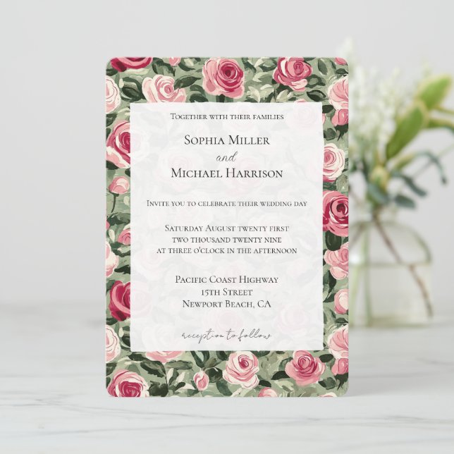 Convites Rosas Florais Rosa Vermelho Verde Casamento de Noi (Em pé/Frente)