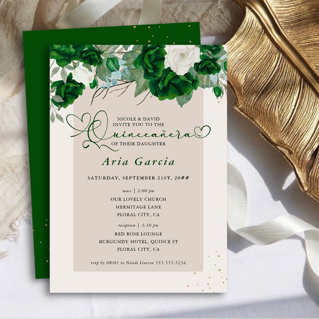 Convites Rosas Florais Verdes e de Marfim Quinceanera e Mas (Quinceanera + Mass Invitation - Royal Rose Emerald Green Quinceanera Collection by Darling & May)