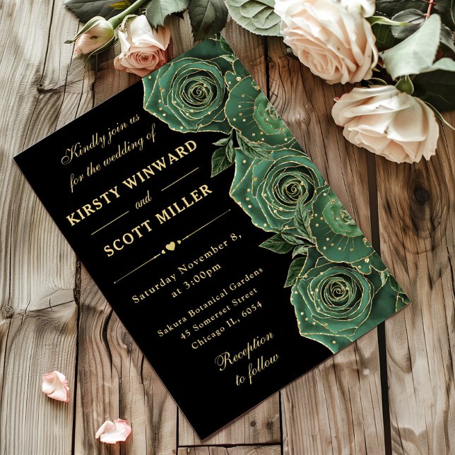 Convites Rosas Florais Verdes e Douradas Casamento (Criador carregado)