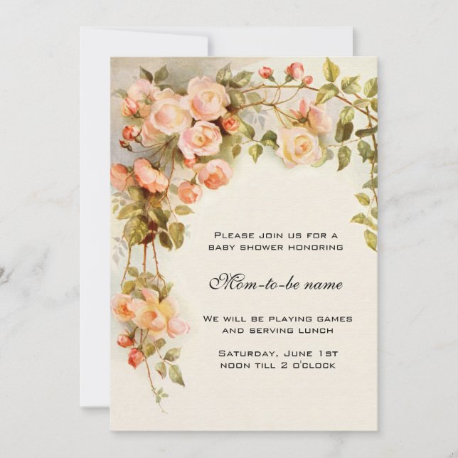 Convites Rosas, Flores Antigas, Chá de fraldas Floral (Frente)