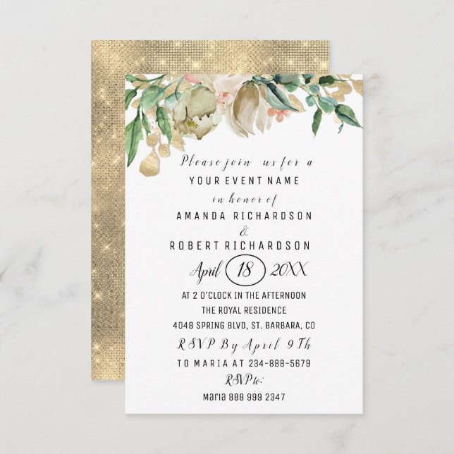 Convites Rosas Flores Brunei Verde Dourado Cores Aquáticas  (Frente/Verso)