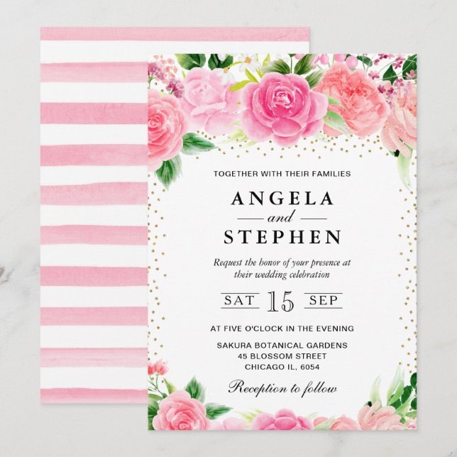 Convites Rosas Flores Casamento Aquarela Rosa (Frente/Verso)