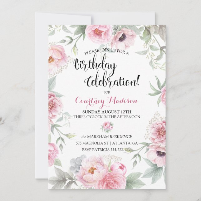 Convites Rosas Flores de Aquarela Cor-de-Rosa de Aniversári (Frente)