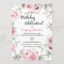 Convites Rosas Flores de Aquarela Cor-de-Rosa de Aniversári