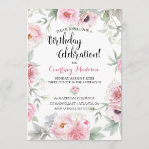 Convites Rosas Flores de Aquarela Cor-de-Rosa de Aniversári