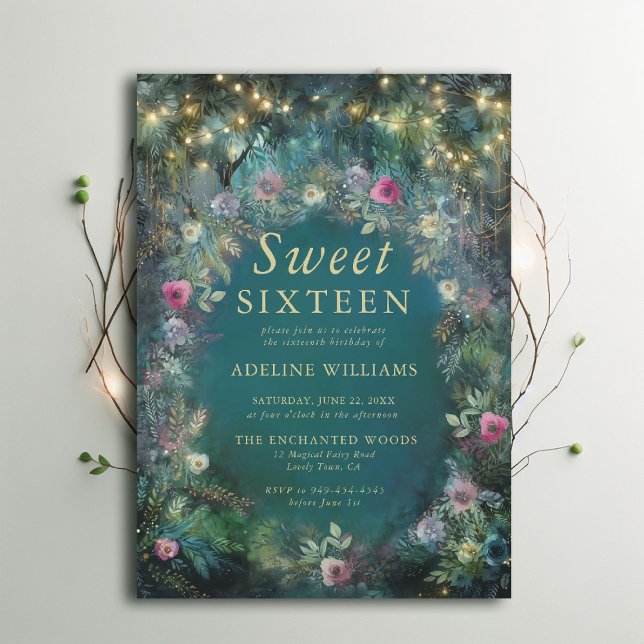 Convites Rosas Florestais Encantadas Floresta Verde Woodlan (enchanted forest sweet 16 theme invitation wild roses floral emerald gold woodland fairy greenery.)