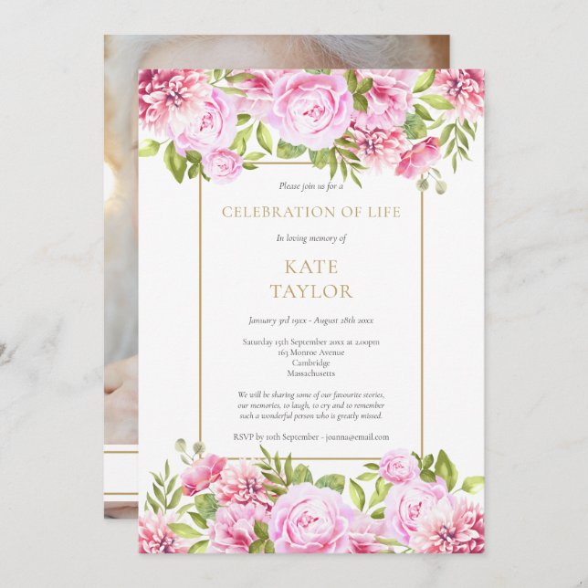Convites Rosas Foto Floral Celebração Funeral da Vida (Frente/Verso)