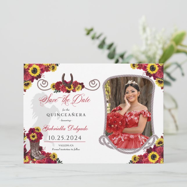 Convites Rosas Girassóis Quinceañera Salve A Foto Da Data (Em pé/Frente)