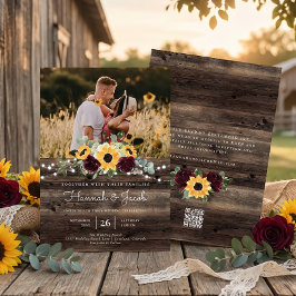 Convites Rosas Girassóis Rústicos Código QR RSVP Casamento