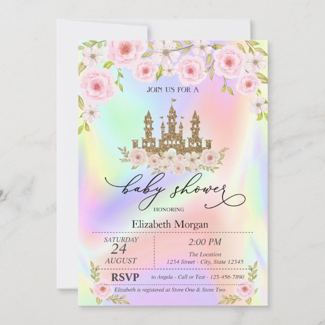 Convites Rosas Glitter Castle Holográfico Chás de Bebê  (Frente)