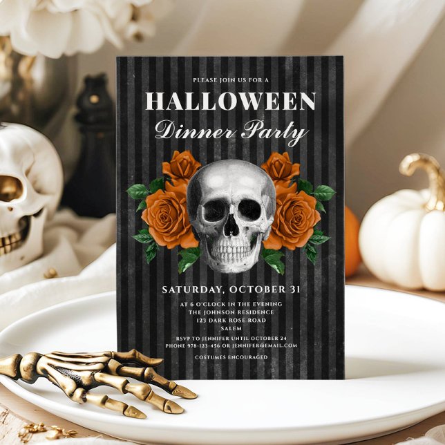 Convites Rosas Góticas e Crânio Jantar de Halloween (Gothic Roses & Skull Halloween Dinner Party Invitation)