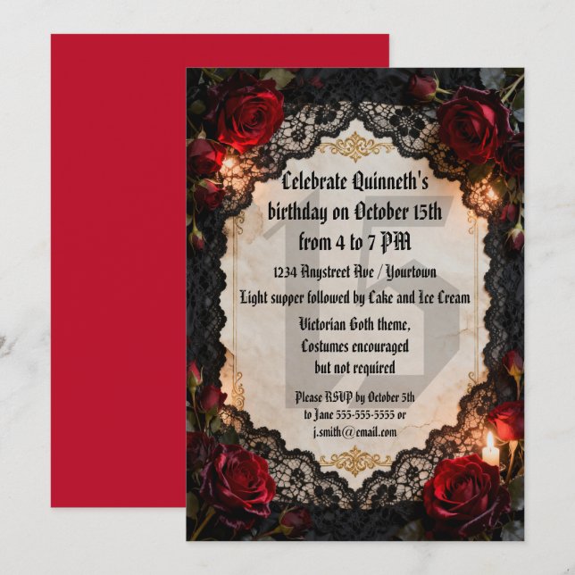 Convites Rosas Góticas e Renda Preta para Aniversário de Ad (Frente/Verso)