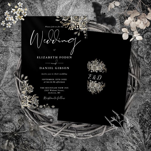 Convites Rosas Góticas Florais Preto e Branco Casamento (Gothic Roses Floral Black And White Wedding Invitation)