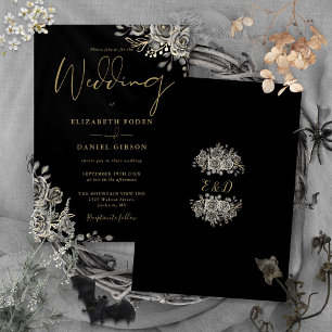 Convites Rosas Góticas Floral Preto e Dourado Casamento