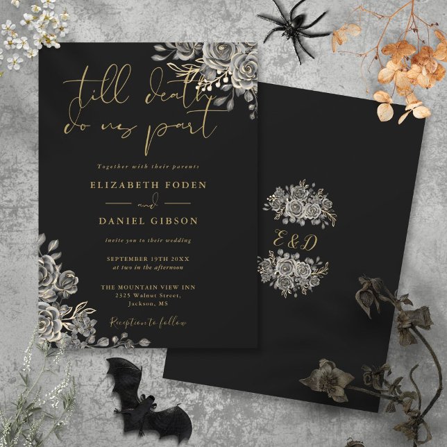 Convites Rosas Góticas Pretas e Douradas Casamento Floral (Black And Gold Gothic Roses Floral Wedding Invitation)