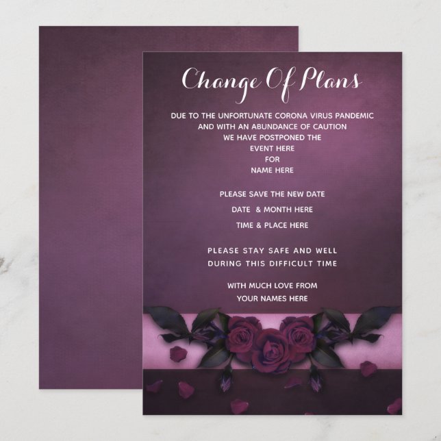 Convites Rosas Góticas Românticas & Pétalas Mudança de Plan (Frente/Verso)