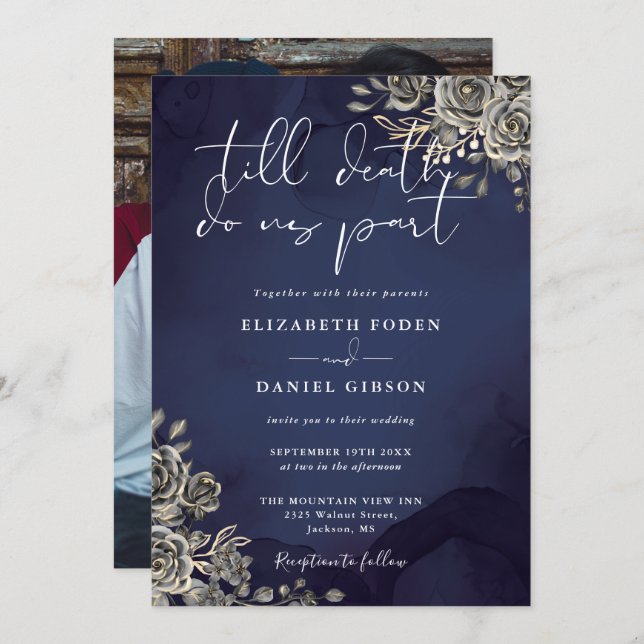 Convites Rosas Góticos Azuis Foto Floral Casamento (Frente/Verso)