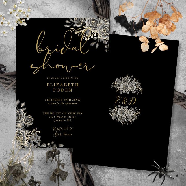 Convites Rosas Góticos Preto Floral E Chá de panela Dourado (Gothic Roses Floral Black And Gold Bridal Shower Invitation)