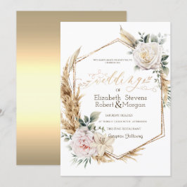 Convites Rosas Grama das Pampas Moldura Dourada Casamento