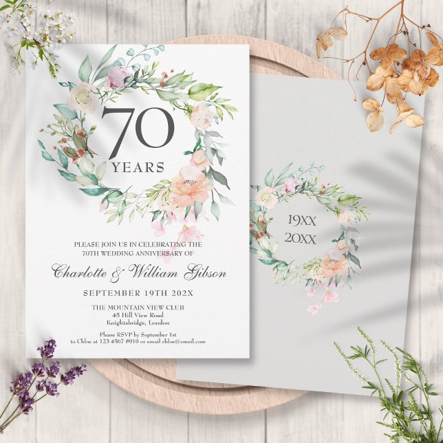 Convites Rosas Guarlanda Floral de Aniversário de Casamento (Roses Floral Garland 70th Wedding Anniversary Invitation)