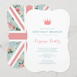 Convites Rosas Ingleses Union Jack Floral Birthday