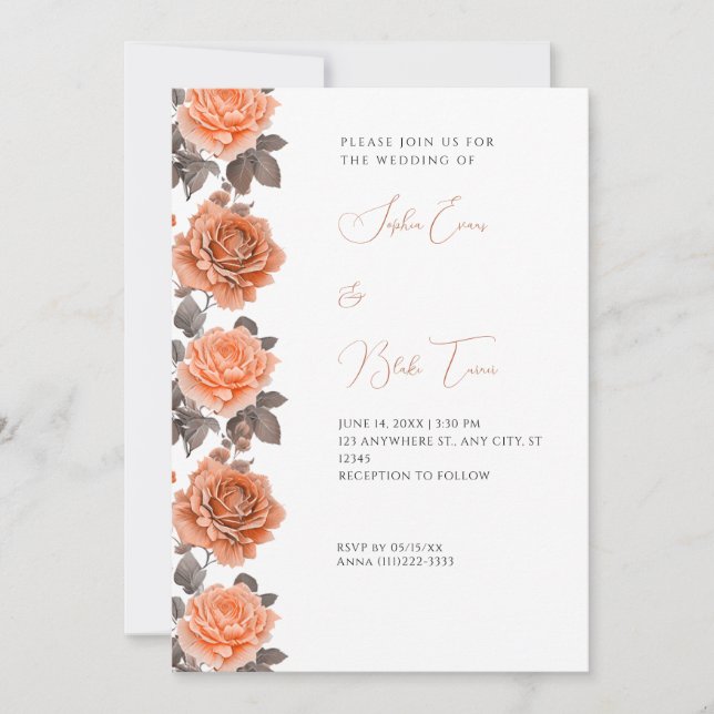 Convites Rosas Laranja Modernas Casamento Outono Branco (Frente)