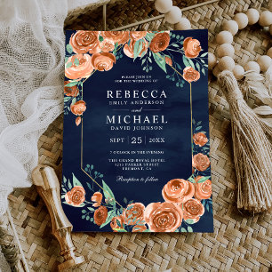 Convites Rosas Laranja Queimada Terrosa Floral Azul Marinho