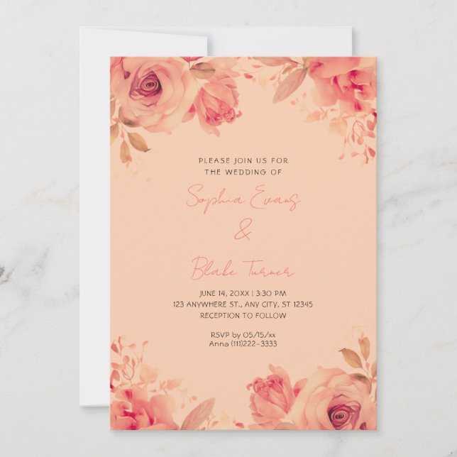 Convites Rosas Laranja Românticas Casamento de Verão Laranj (Frente)