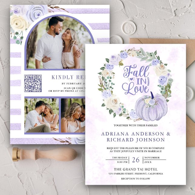 Convites Rosas Lavanda Abóbora Código QR Foto Casamento (Criador carregado)