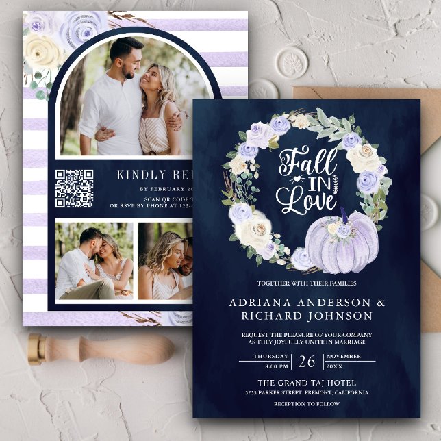 Convites Rosas Lavanda Abóbora Foto Código QR Casamento Azu (Criador carregado)