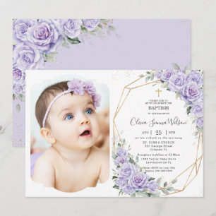 Convites Rosas Lavanda Roxo Elegante Floral Batismo Foto