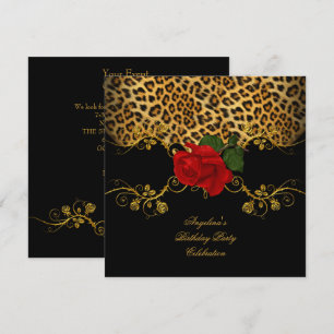 Convites Rosas Leopard Vermelhas Preto Dourado Festa de Ani